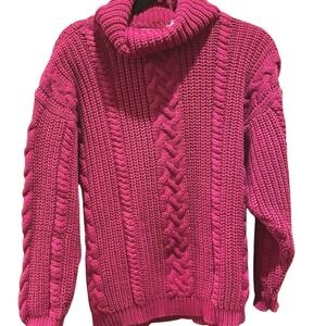 Ann Taylor Raspberry Pink Cable Knit 100% Cotton Turtleneck P Sweater FLAW